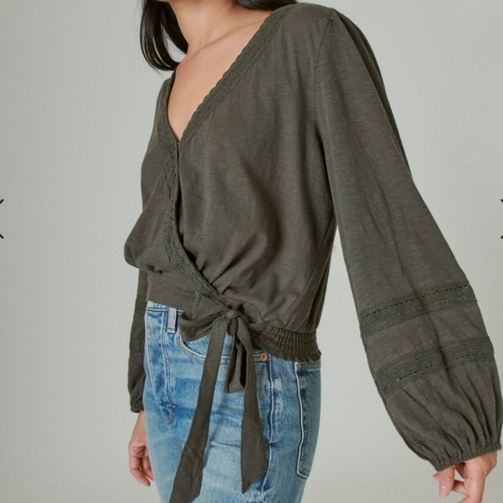 Lucky Brand Olive Long Sleeve Boho Top with Elastic Waistband & Sleeve Hems.